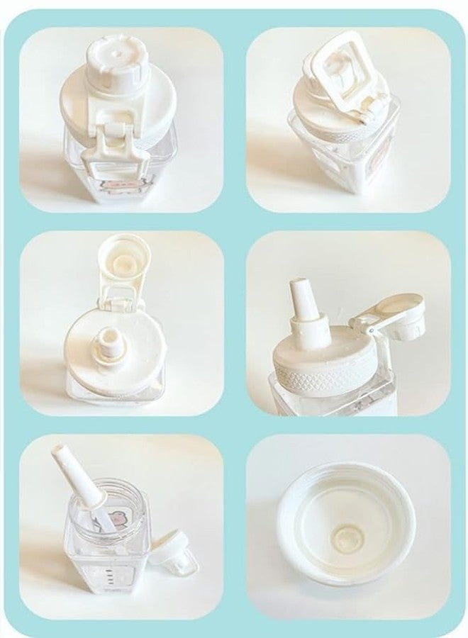 Ncry زجاجة ماء Ncry Kawaii مع ماصة وملصق، زجاجة ماء على شكل دب كاواي، زجاجة شرب بلاستيكية رياضية كبيرة محمولة مربعة الشكل للبنات، أكواب ماء وعصير وشاي لطيفة - 700 مل (أبيض) - Image 5